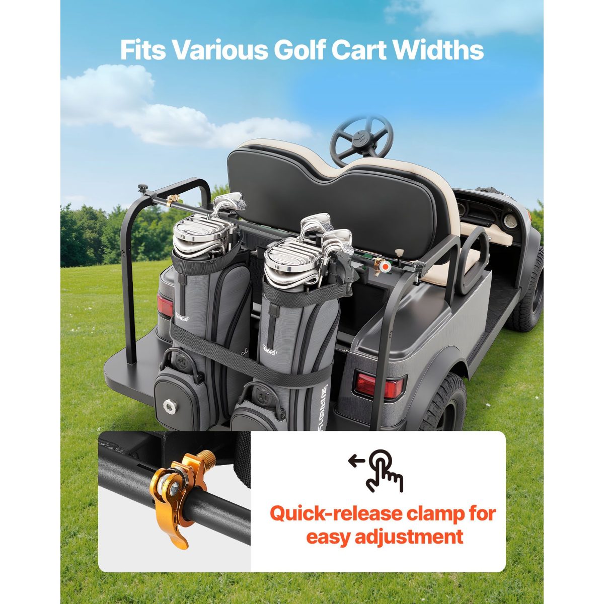 Golf Cart Bag Holder, 53.9 x 7.7 x 2.4 Inch, Compatible with Most 2+2 Golf Cart Rear Seat with 1.2-Inch Square Tubes, Adjustable Rear Seat Carts Club Holder with Strap, No Drilling Required - Image 4