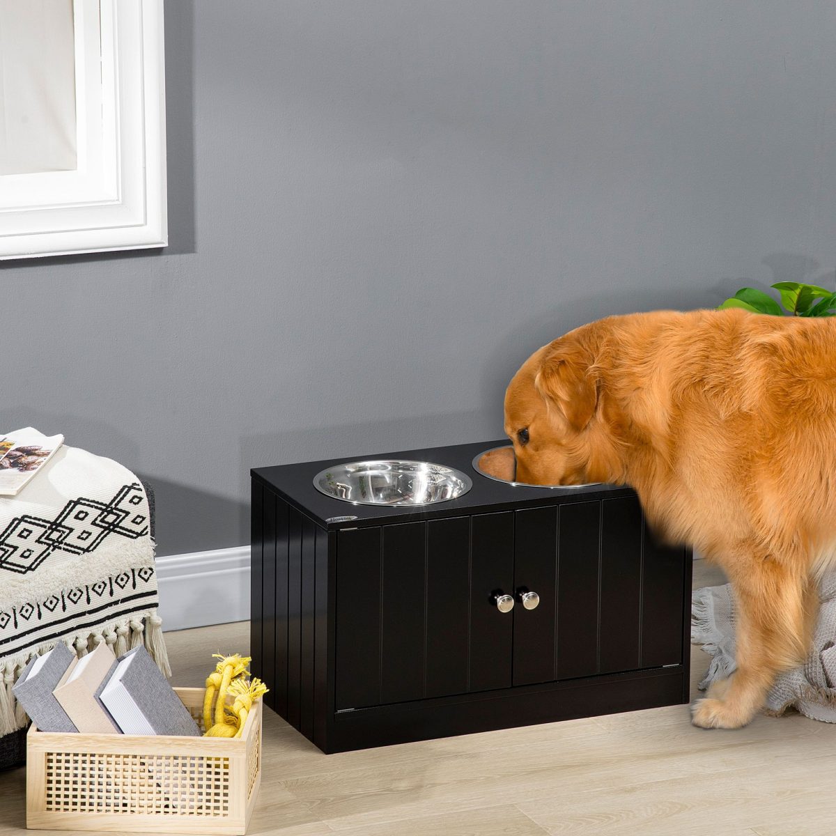 Raised Pet Feeding Storage Station with 2 Stainless Steel Bowls Base for Large Dogs and Other Large Pets Black - Image 2