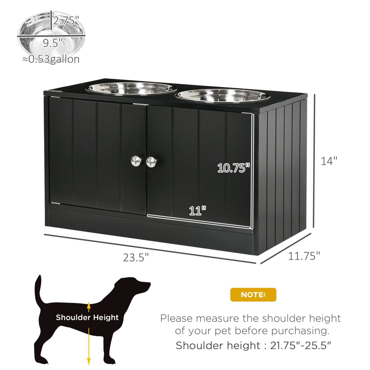 Raised Pet Feeding Storage Station with 2 Stainless Steel Bowls Base for Large Dogs and Other Large Pets Black - Image 3