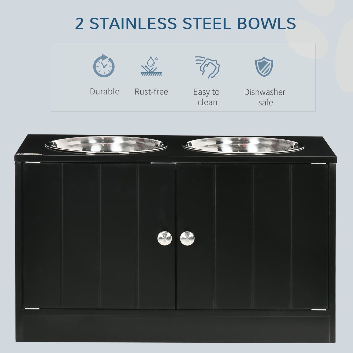 Raised Pet Feeding Storage Station with 2 Stainless Steel Bowls Base for Large Dogs and Other Large Pets Black - Image 4