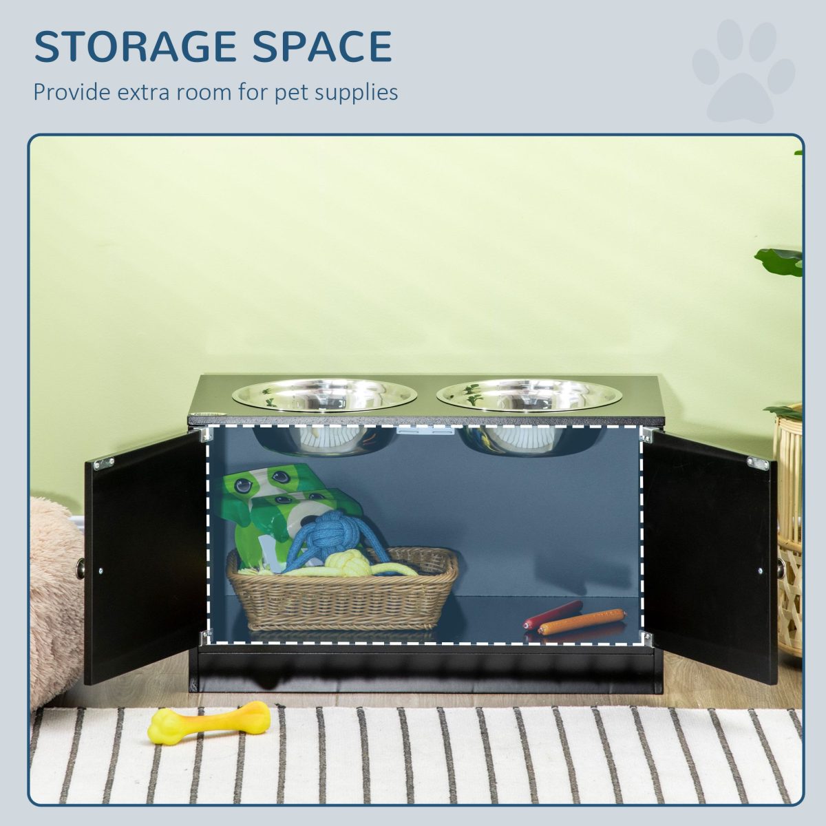 Raised Pet Feeding Storage Station with 2 Stainless Steel Bowls Base for Large Dogs and Other Large Pets Black - Image 5