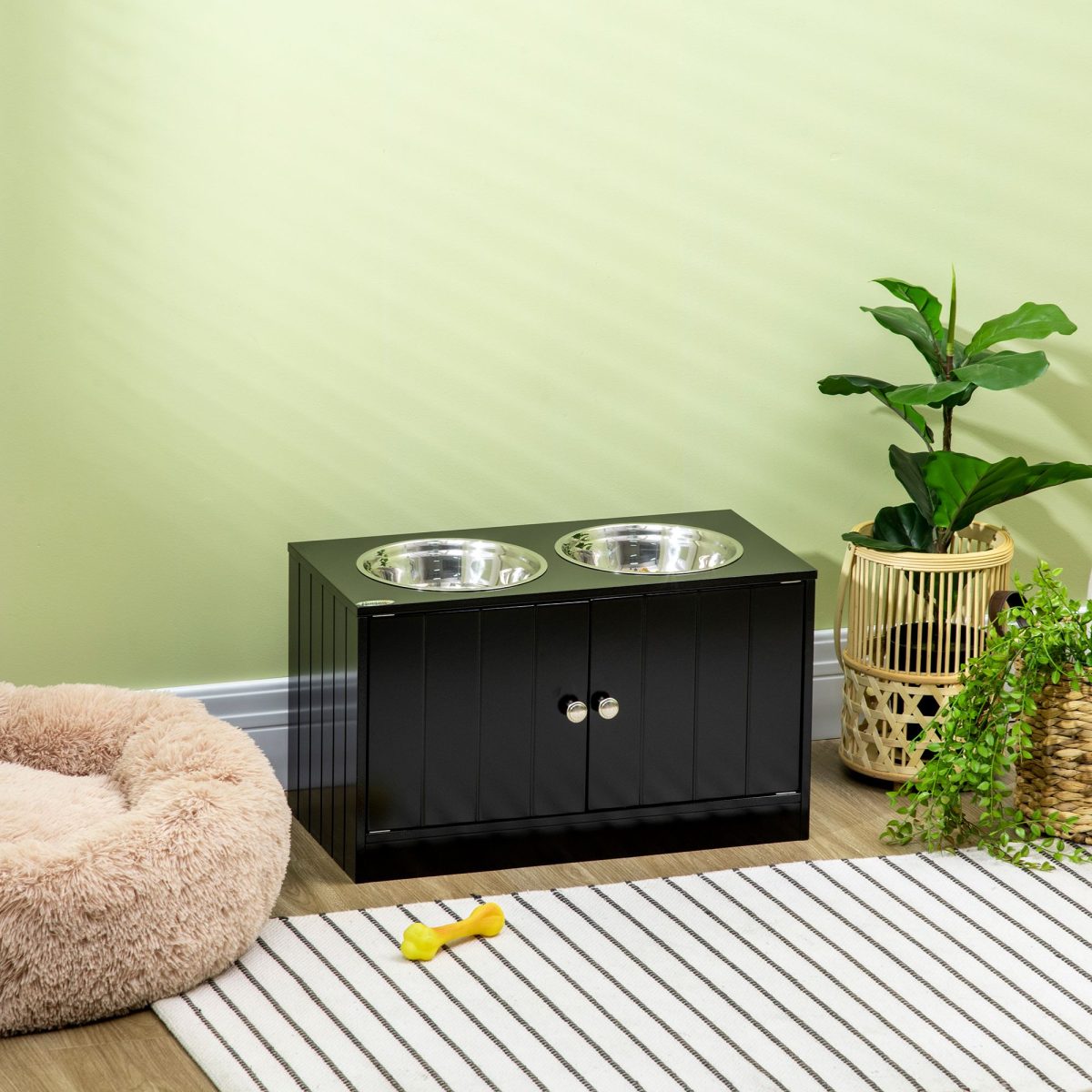 Raised Pet Feeding Storage Station with 2 Stainless Steel Bowls Base for Large Dogs and Other Large Pets Black - Image 10