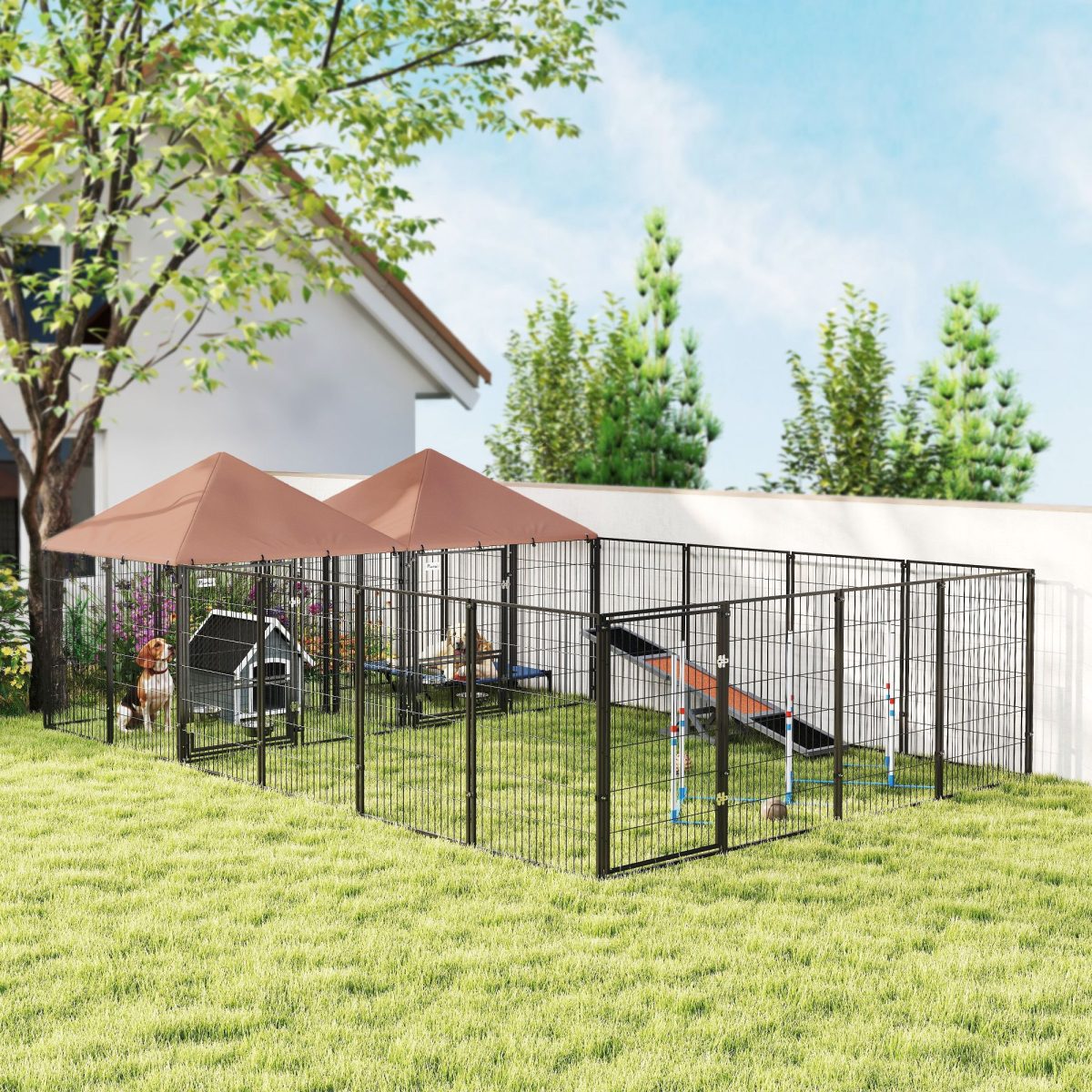 Large Outdoor Dog Kennel with 2 Rooms, Rotating & Adjustable Height Bowls, 13.5' x 9.4' x 5.1' - Image 2