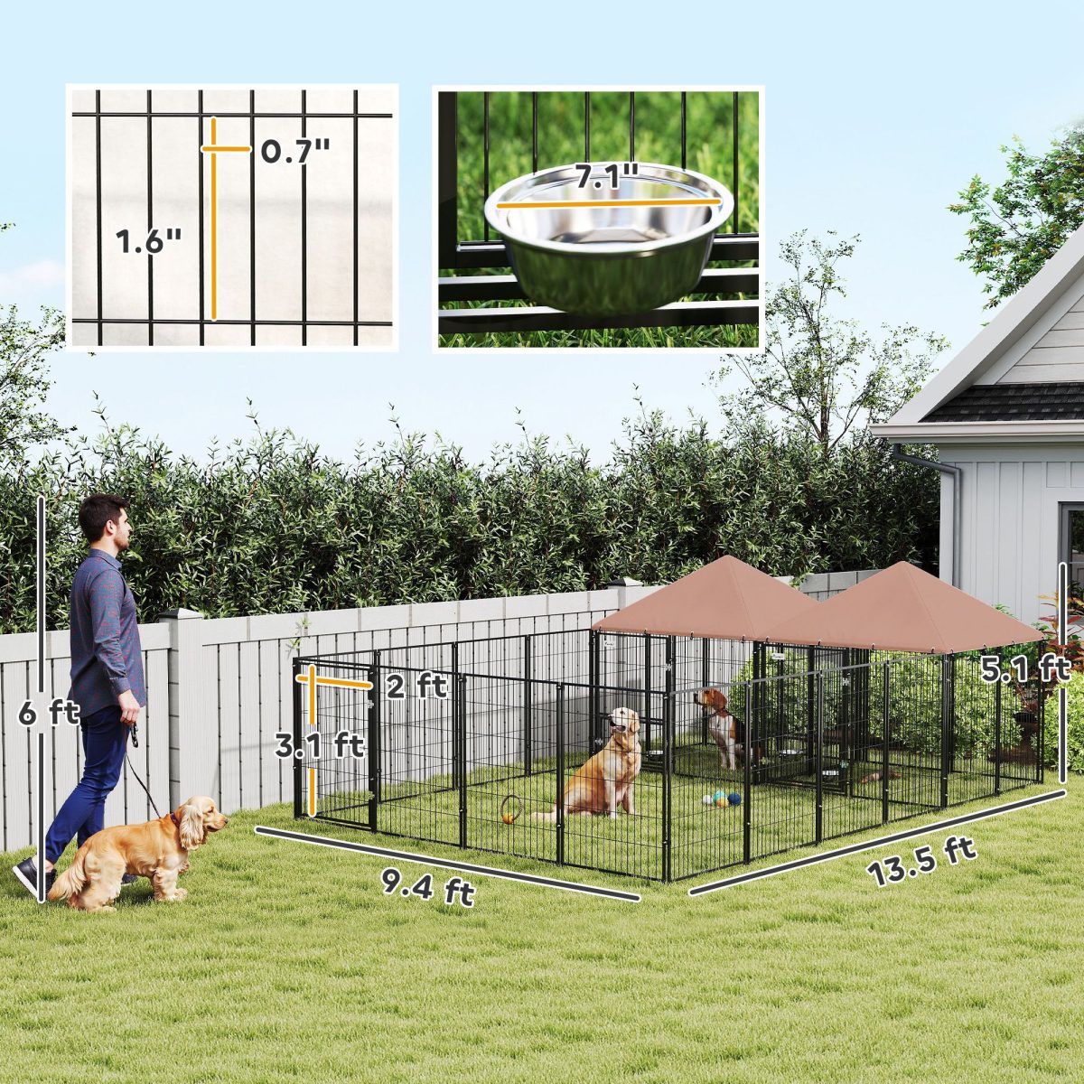 Large Outdoor Dog Kennel with 2 Rooms, Rotating & Adjustable Height Bowls, 13.5' x 9.4' x 5.1' - Image 3