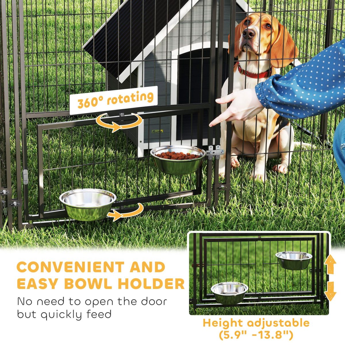 Large Outdoor Dog Kennel with 2 Rooms, Rotating & Adjustable Height Bowls, 13.5' x 9.4' x 5.1' - Image 6