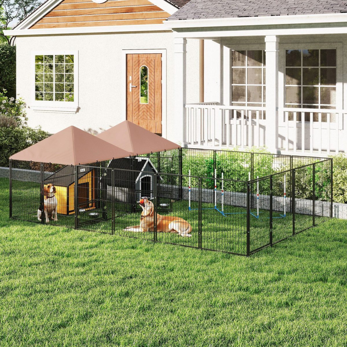 Large Outdoor Dog Kennel with 2 Rooms, Rotating & Adjustable Height Bowls, 13.5' x 9.4' x 5.1' - Image 10