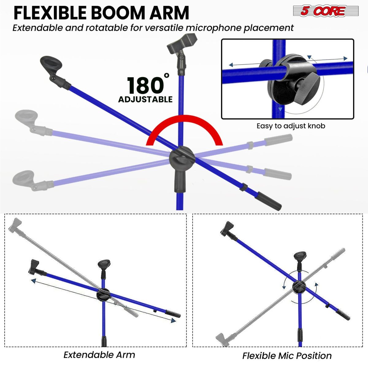 5 Core Mic Stand Floor Height Adjustable Tripod Microphone Stands w Extending Telescoping Boom Arm - MS DBL G - Image 23