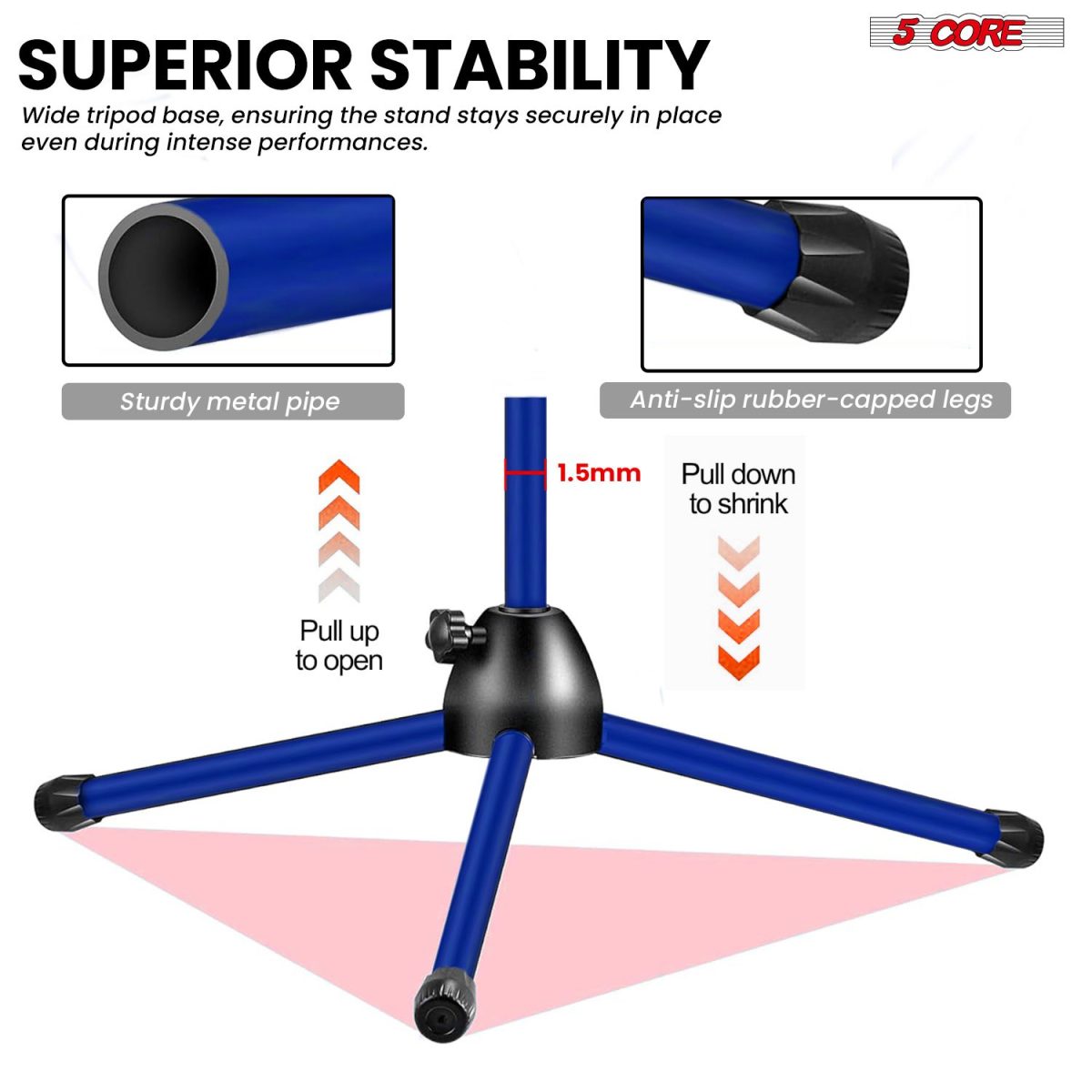 5 Core Mic Stand Floor Height Adjustable Tripod Microphone Stands w Extending Telescoping Boom Arm - MS DBL G - Image 24