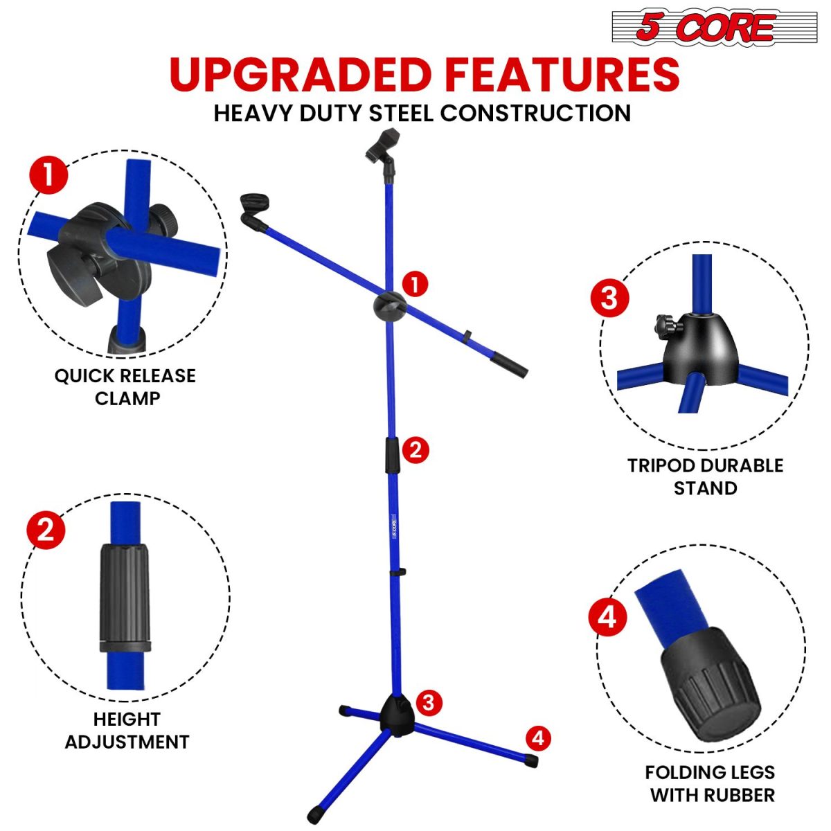 5 Core Mic Stand Floor Height Adjustable Tripod Microphone Stands w Extending Telescoping Boom Arm - MS DBL G - Image 26