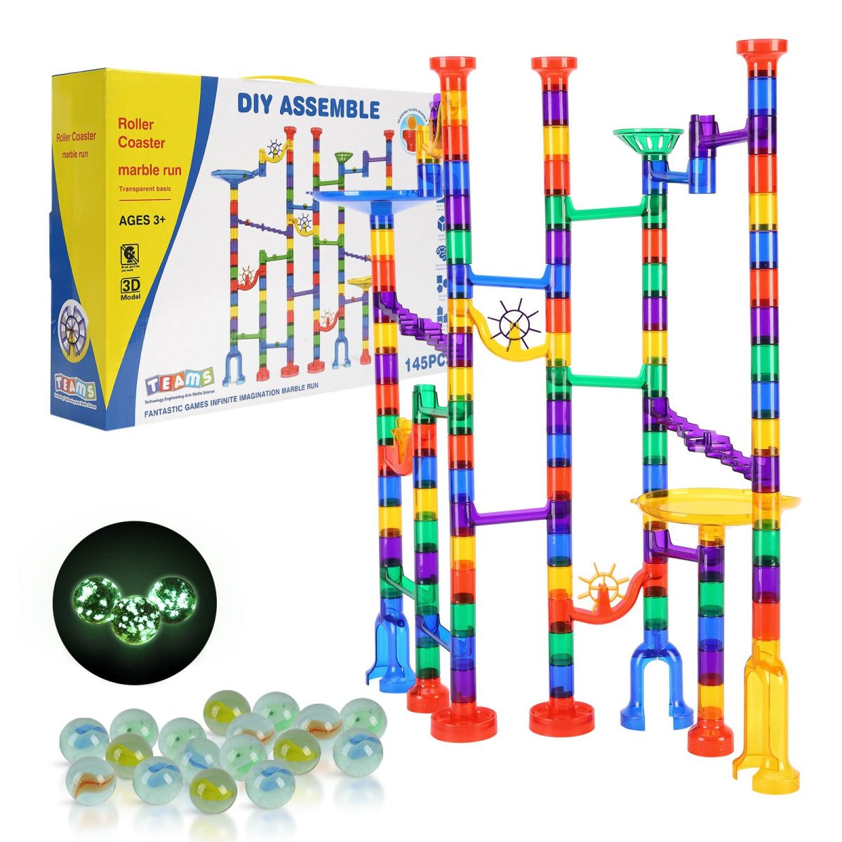 Marble Run Set, 145 Piece Marble Maze Building Block Brain Game, with 5 Glow in the Dark Marbles + 40 Glass Marbles, Educational Learning Race Track STEM Toys, for Kids, Boys, Girls Ages 3 + - Image 12