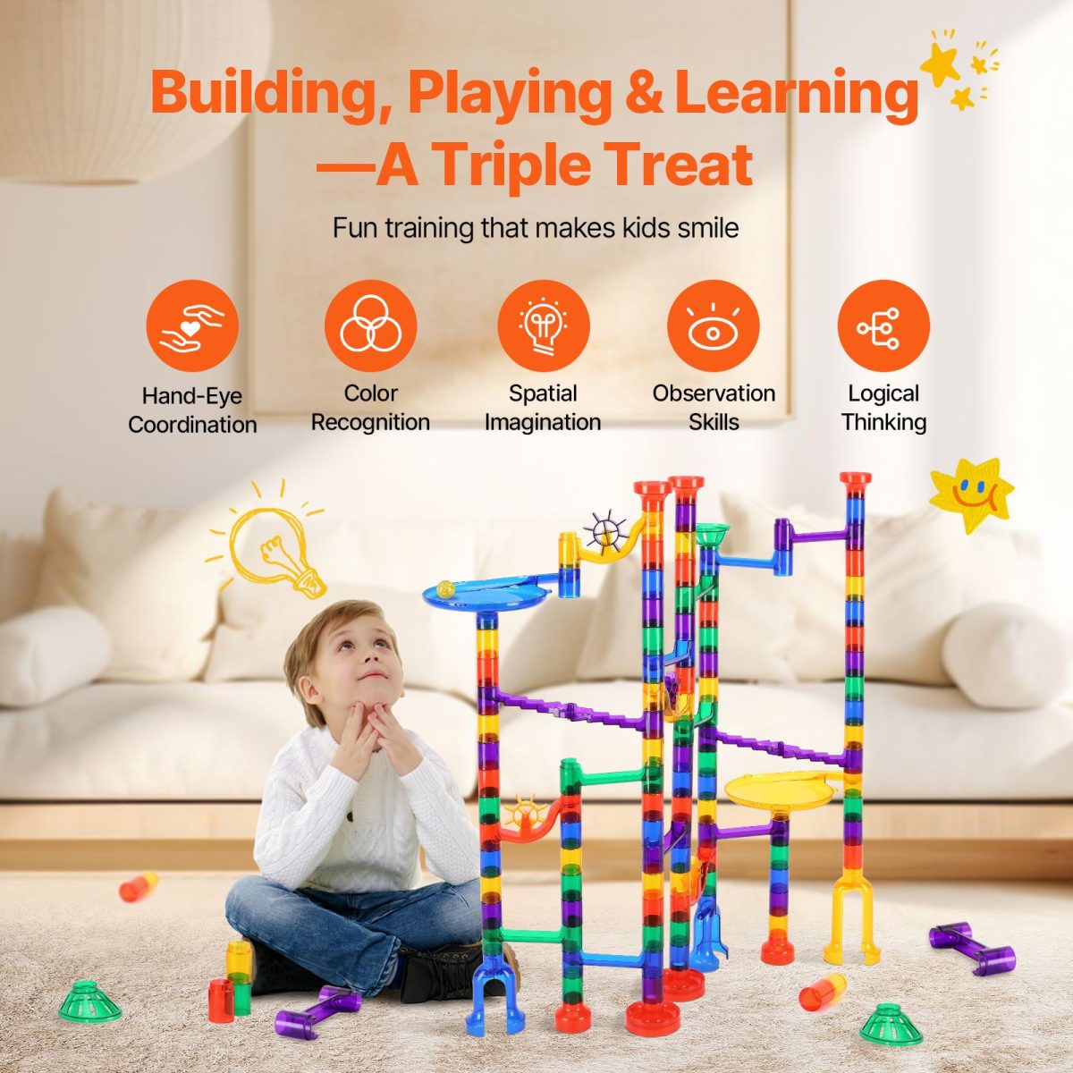 Marble Run Set, 145 Piece Marble Maze Building Block Brain Game, with 5 Glow in the Dark Marbles + 40 Glass Marbles, Educational Learning Race Track STEM Toys, for Kids, Boys, Girls Ages 3 + - Image 4