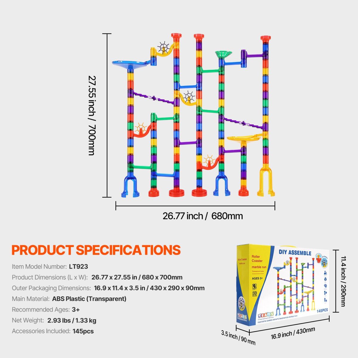 Marble Run Set, 145 Piece Marble Maze Building Block Brain Game, with 5 Glow in the Dark Marbles + 40 Glass Marbles, Educational Learning Race Track STEM Toys, for Kids, Boys, Girls Ages 3 + - Image 7