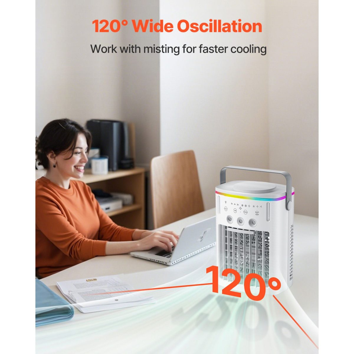 Portable Air Conditioner, 4-in-1 Evaporative Air Cooler with Remote Control, 3-Speed Mini Air Conditioner with Timer, 3 Mist Levels, 1L Water Tank, 120° Oscillating Mini AC Fan for Desktop Home - Image 4