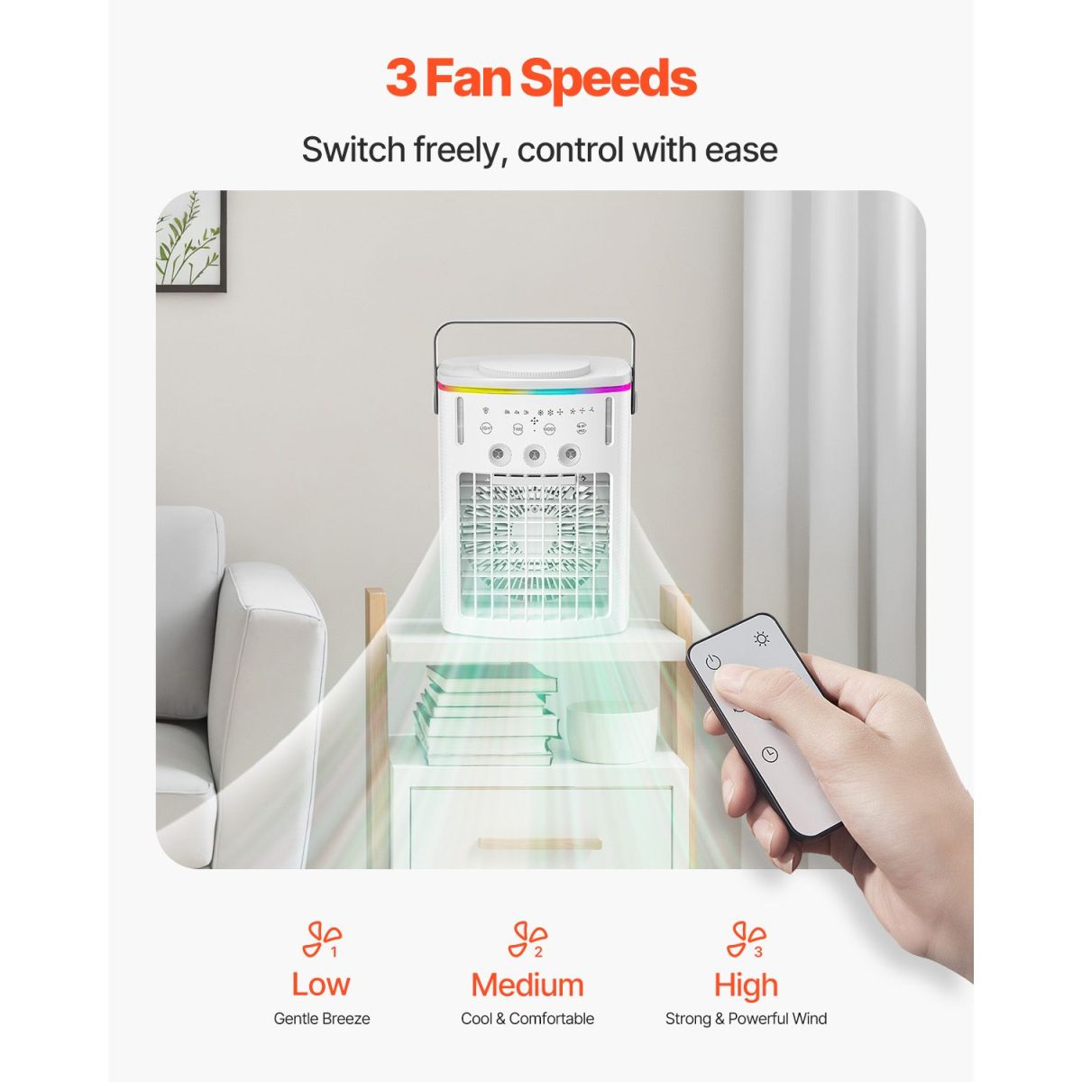 Portable Air Conditioner, 4-in-1 Evaporative Air Cooler with Remote Control, 3-Speed Mini Air Conditioner with Timer, 3 Mist Levels, 1L Water Tank, 120° Oscillating Mini AC Fan for Desktop Home - Image 5