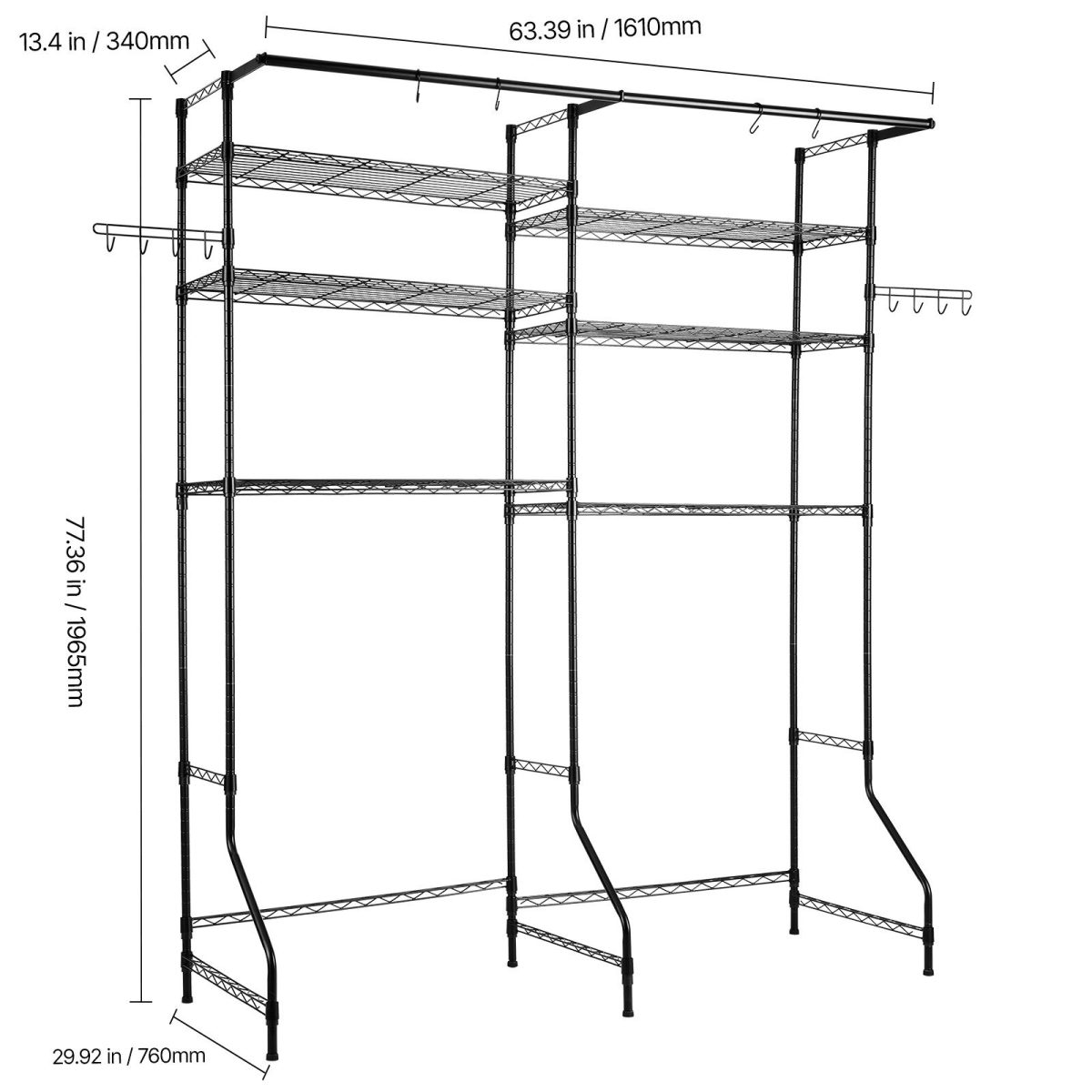 Over Washer and Dryer Storage Shelves, 6 Tiers Laundry Room Drying Rack with Hanger Rod and Hooks, Two Rows Adjustable Washer Shelves Space Saver, for Laundry Room Storage & Organization, Black - Image 2