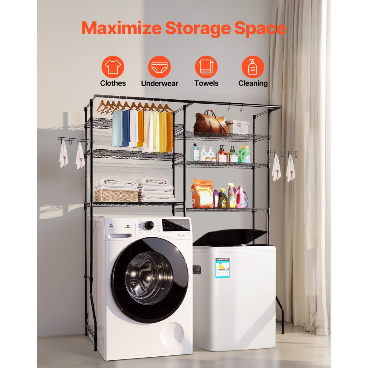 Over Washer and Dryer Storage Shelves, 6 Tiers Laundry Room Drying Rack with Hanger Rod and Hooks, Two Rows Adjustable Washer Shelves Space Saver, for Laundry Room Storage & Organization, Black - Image 7