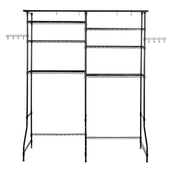 Over Washer and Dryer Storage Shelves, 6 Tiers Laundry Room Drying Rack with Hanger Rod and Hooks, Two Rows Adjustable Washer Shelves Space Saver, for Laundry Room Storage & Organization, Black