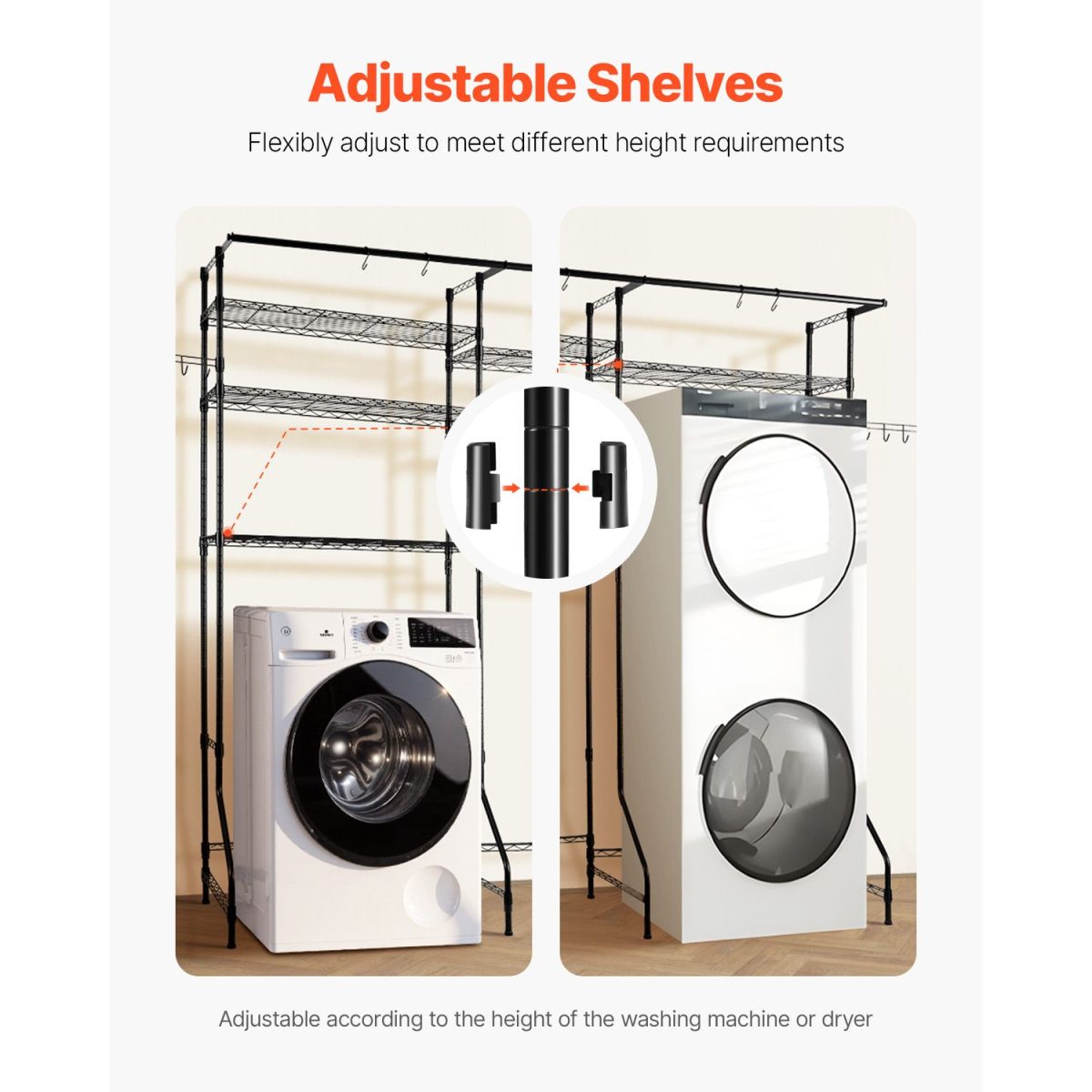 Over Washer and Dryer Storage Shelves, 6 Tiers Laundry Room Drying Rack with Hanger Rod and Hooks, Two Rows Adjustable Washer Shelves Space Saver, for Laundry Room Storage & Organization, Black - Image 8