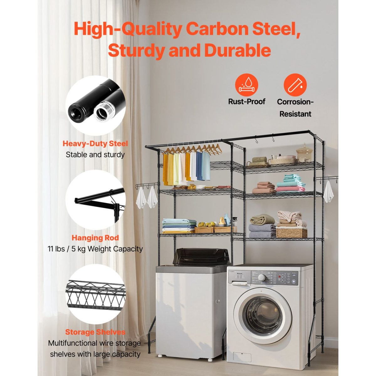 Over Washer and Dryer Storage Shelves, 6 Tiers Laundry Room Drying Rack with Hanger Rod and Hooks, Two Rows Adjustable Washer Shelves Space Saver, for Laundry Room Storage & Organization, Black - Image 9