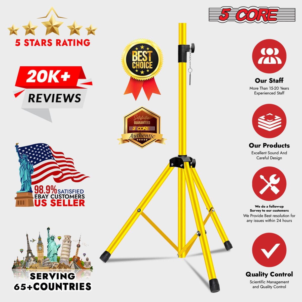 5 Core Speaker Stand 2Pcs Tripod Floor Tall Adjustable Up to 72 Inch DJ Studio Monitor Stands Pole Mount - Image 10