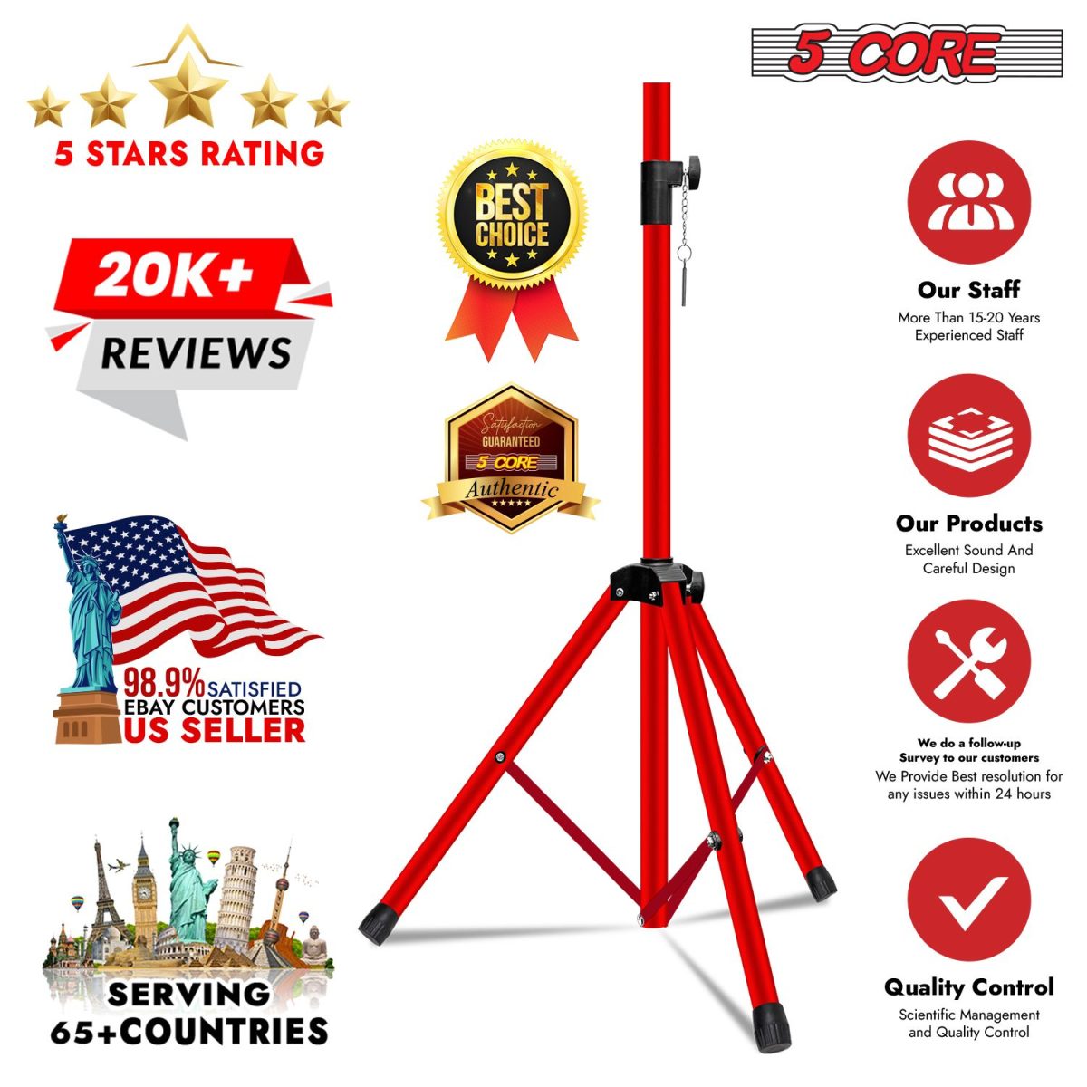 5 Core Speaker Stand 2Pcs Tripod Floor Tall Adjustable Up to 72 Inch DJ Studio Monitor Stands Pole Mount - Image 46