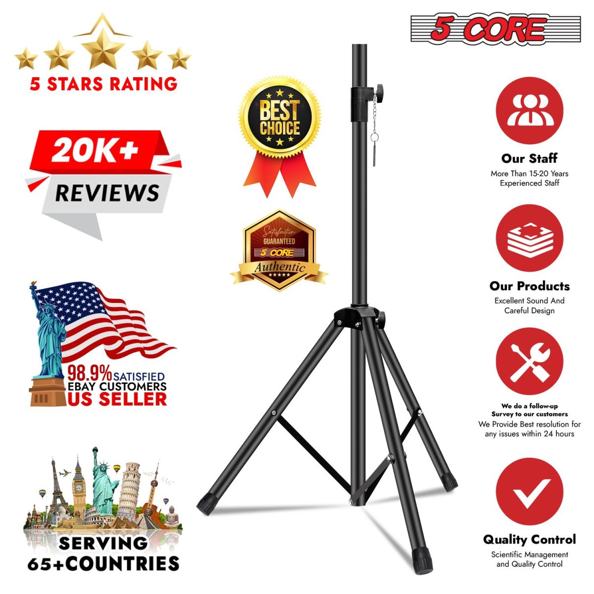 5 Core Speaker Stand 2Pcs Tripod Floor Tall Adjustable Up to 72 Inch DJ Studio Monitor Stands Pole Mount - Image 59