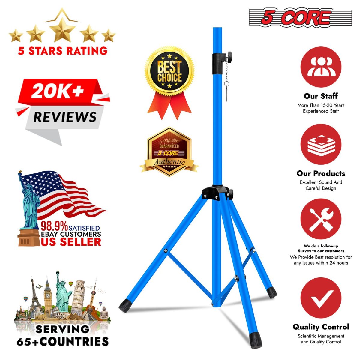 5 Core Speaker Stand 2Pcs Tripod Floor Tall Adjustable Up to 72 Inch DJ Studio Monitor Stands Pole Mount - Image 34