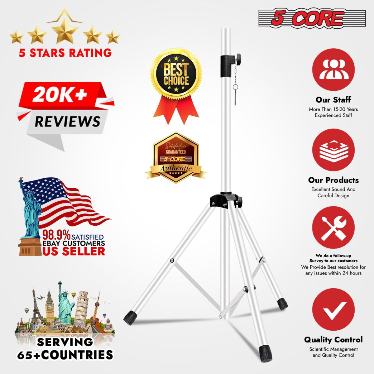 5 Core Speaker Stand 2Pcs Tripod Floor Tall Adjustable Up to 72 Inch DJ Studio Monitor Stands Pole Mount - Image 22