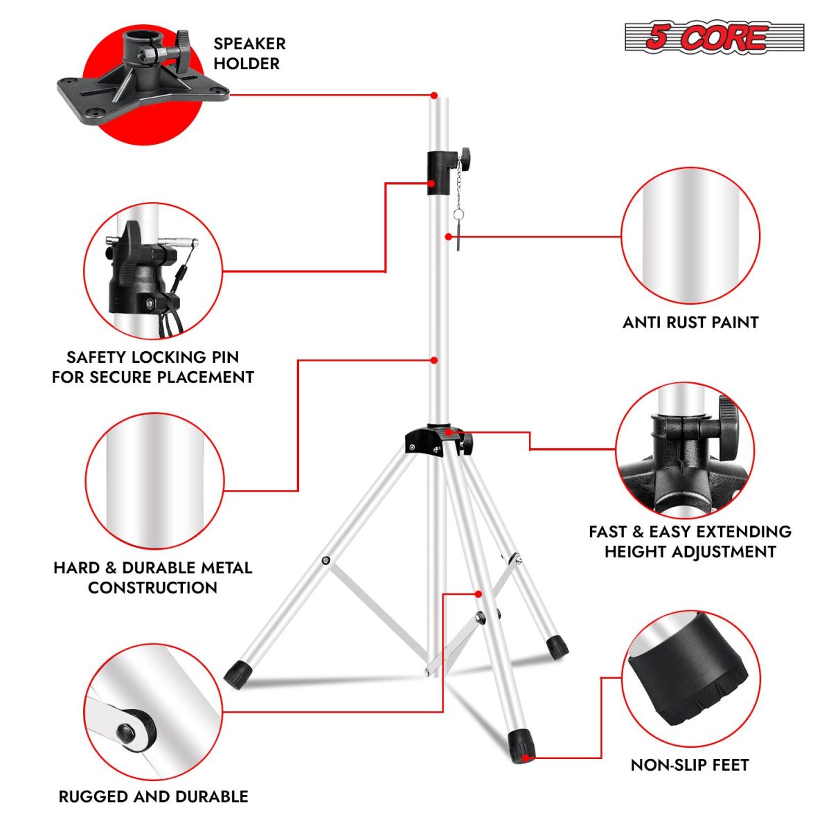 5 Core Speaker Stand 2Pcs Tripod Floor Tall Adjustable Up to 72 Inch DJ Studio Monitor Stands Pole Mount - Image 17