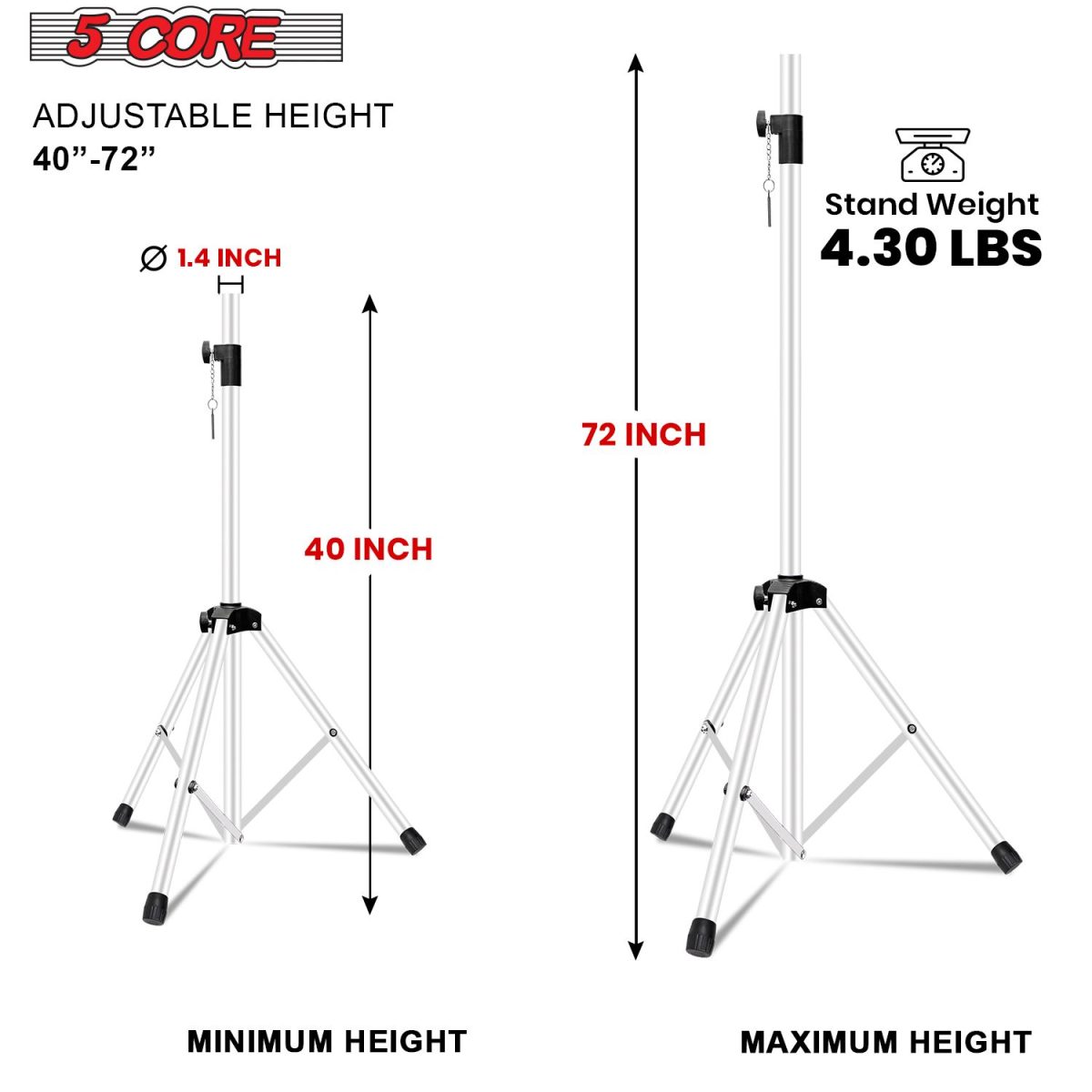 5 Core Speaker Stand 2Pcs Tripod Floor Tall Adjustable Up to 72 Inch DJ Studio Monitor Stands Pole Mount - Image 20