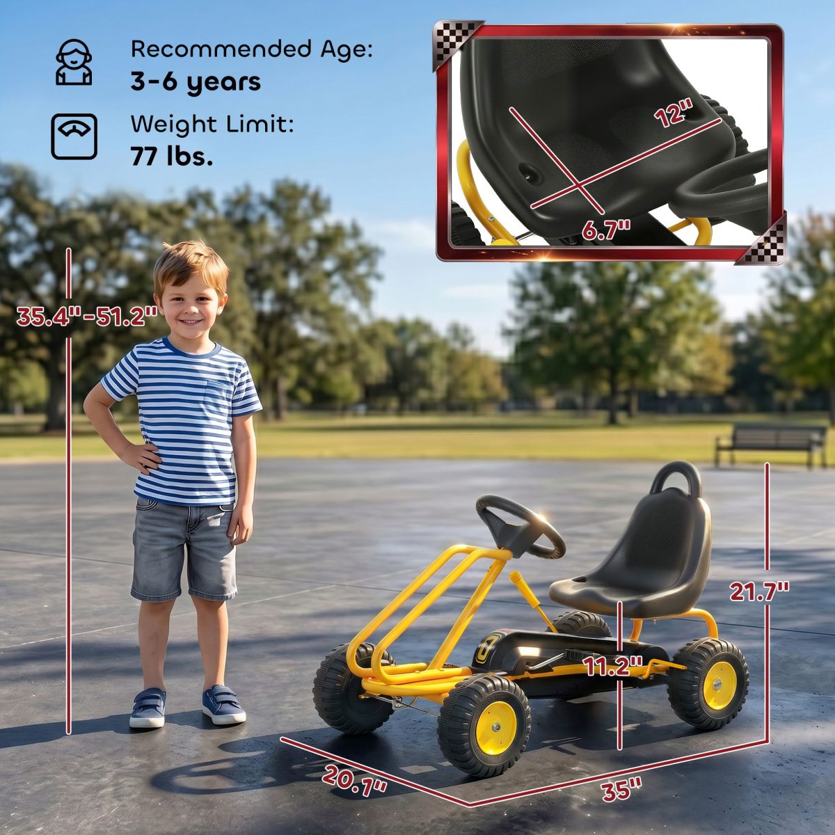 Go Kart for Kids, 4 Wheel Pedal Go Cart with Adjustable Seat, Safety Hand Brake for Boys Girls 3-6 Years, Yellow - Image 3