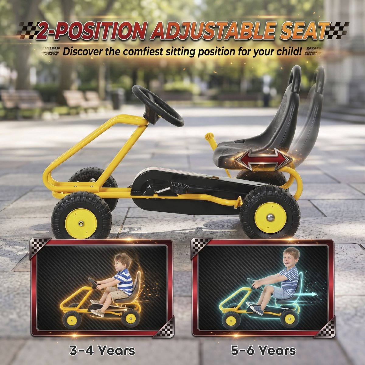 Go Kart for Kids, 4 Wheel Pedal Go Cart with Adjustable Seat, Safety Hand Brake for Boys Girls 3-6 Years, Yellow - Image 5