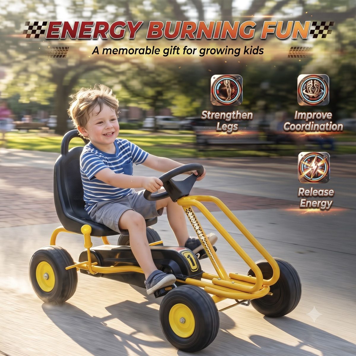Go Kart for Kids, 4 Wheel Pedal Go Cart with Adjustable Seat, Safety Hand Brake for Boys Girls 3-6 Years, Yellow - Image 7