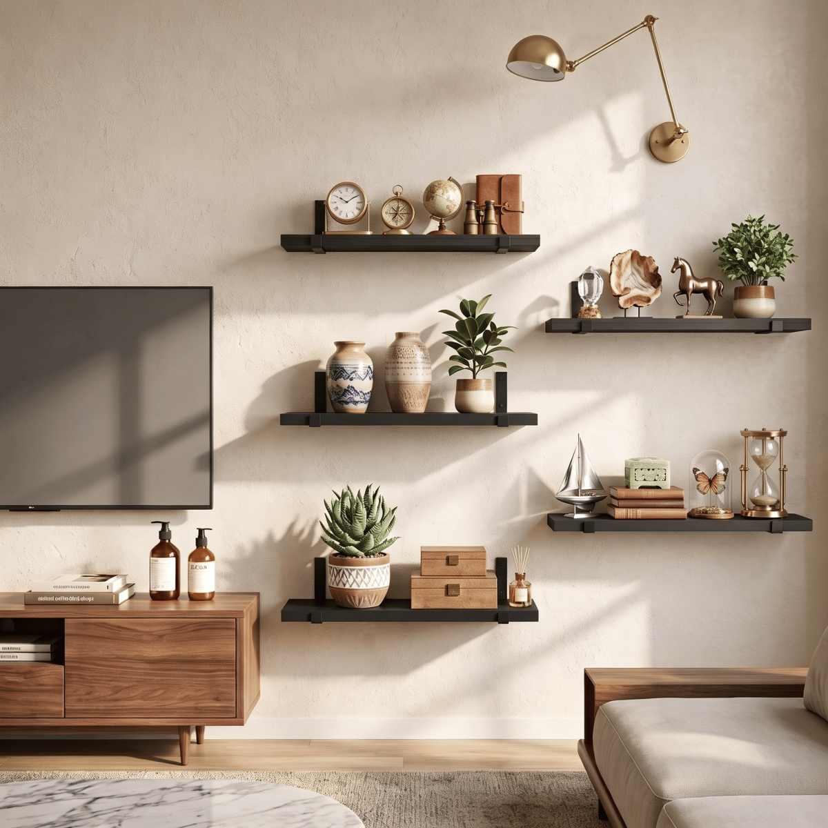 5-Tier Floating Shelves Wall Mounted, Black Wood Wall Shelves Set of 5 Same Size, Rustic Storage Shelf with Metal Brackets for Bedroom, Living Room, Bathroom, Kitchen, Holds up to 43lbs Each - Image 4