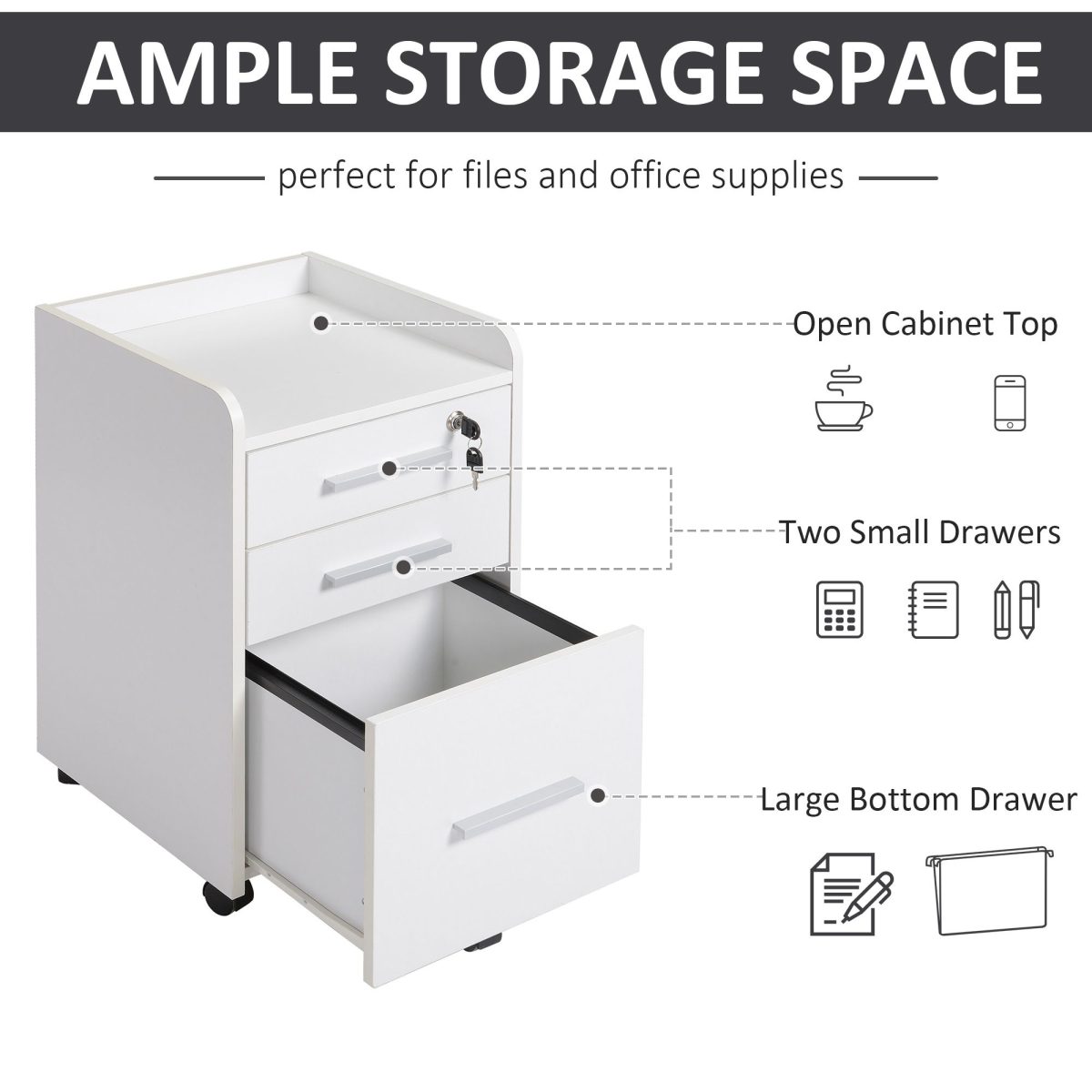 Lockable Filing Cabinet on Wheels, 3 Drawer Mobile File Cabinet with Lock and Edged Top, White - Image 4