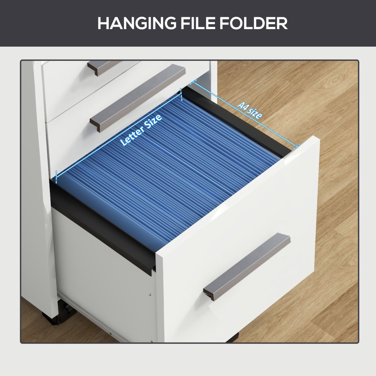 Lockable Filing Cabinet on Wheels, 3 Drawer Mobile File Cabinet with Lock and Edged Top, White - Image 7