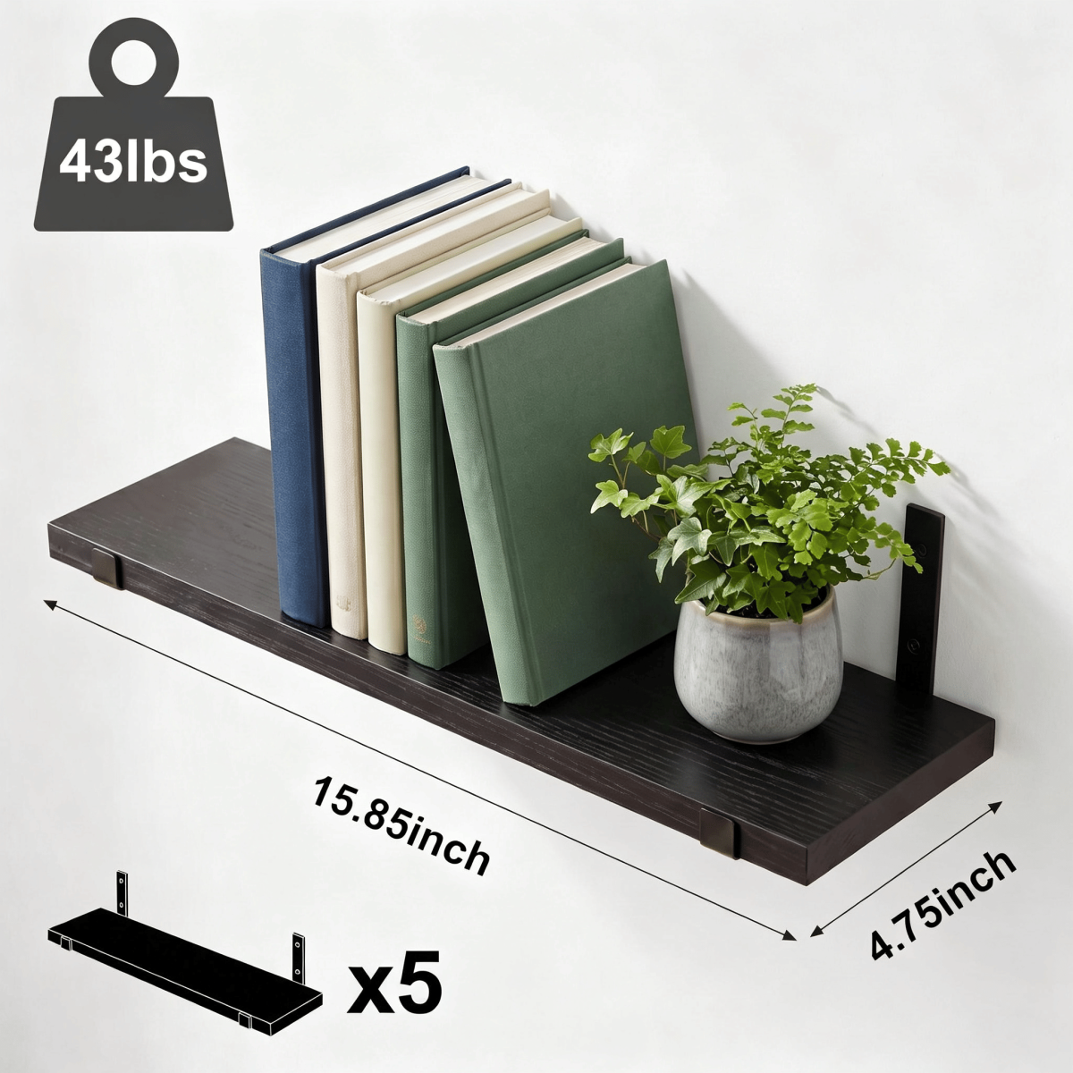 5-Tier Floating Shelves Wall Mounted, Black Wood Wall Shelves Set of 5 Same Size, Rustic Storage Shelf with Metal Brackets for Bedroom, Living Room, Bathroom, Kitchen, Holds up to 43lbs Each - Image 2