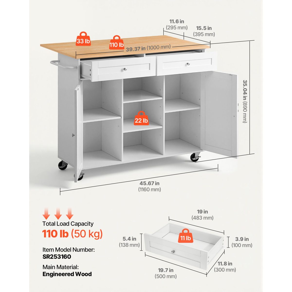 Kitchen Island Cart with Storage, 45.67 in Wide Mobile Rolling Storage Island on Swivel Wheels, with 2 Drawers, Storage Cabinet, Drop Leaf, Towel Rack, Table for Home Dining Room, White - Image 3