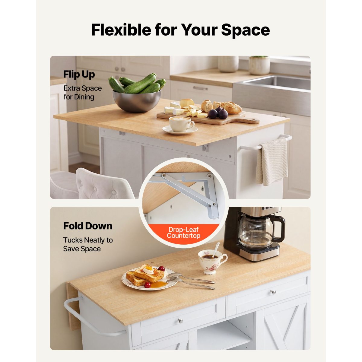 Kitchen Island Cart with Storage, 45.67 in Wide Mobile Rolling Storage Island on Swivel Wheels, with 2 Drawers, Storage Cabinet, Drop Leaf, Towel Rack, Table for Home Dining Room, White - Image 4