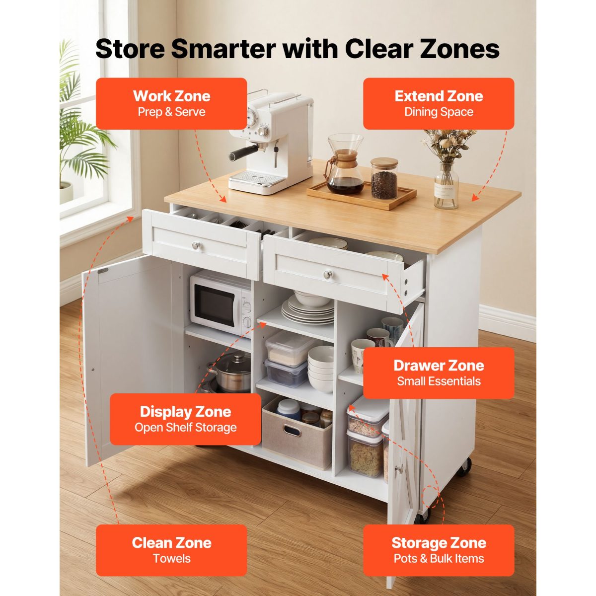 Kitchen Island Cart with Storage, 45.67 in Wide Mobile Rolling Storage Island on Swivel Wheels, with 2 Drawers, Storage Cabinet, Drop Leaf, Towel Rack, Table for Home Dining Room, White - Image 5
