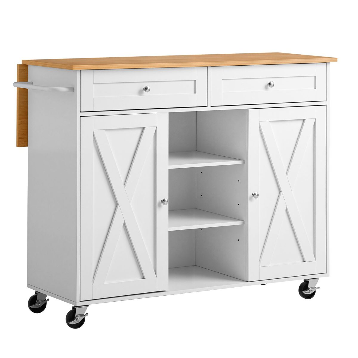 Kitchen Island Cart with Storage, 45.67 in Wide Mobile Rolling Storage Island on Swivel Wheels, with 2 Drawers, Storage Cabinet, Drop Leaf, Towel Rack, Table for Home Dining Room, White - Image 9