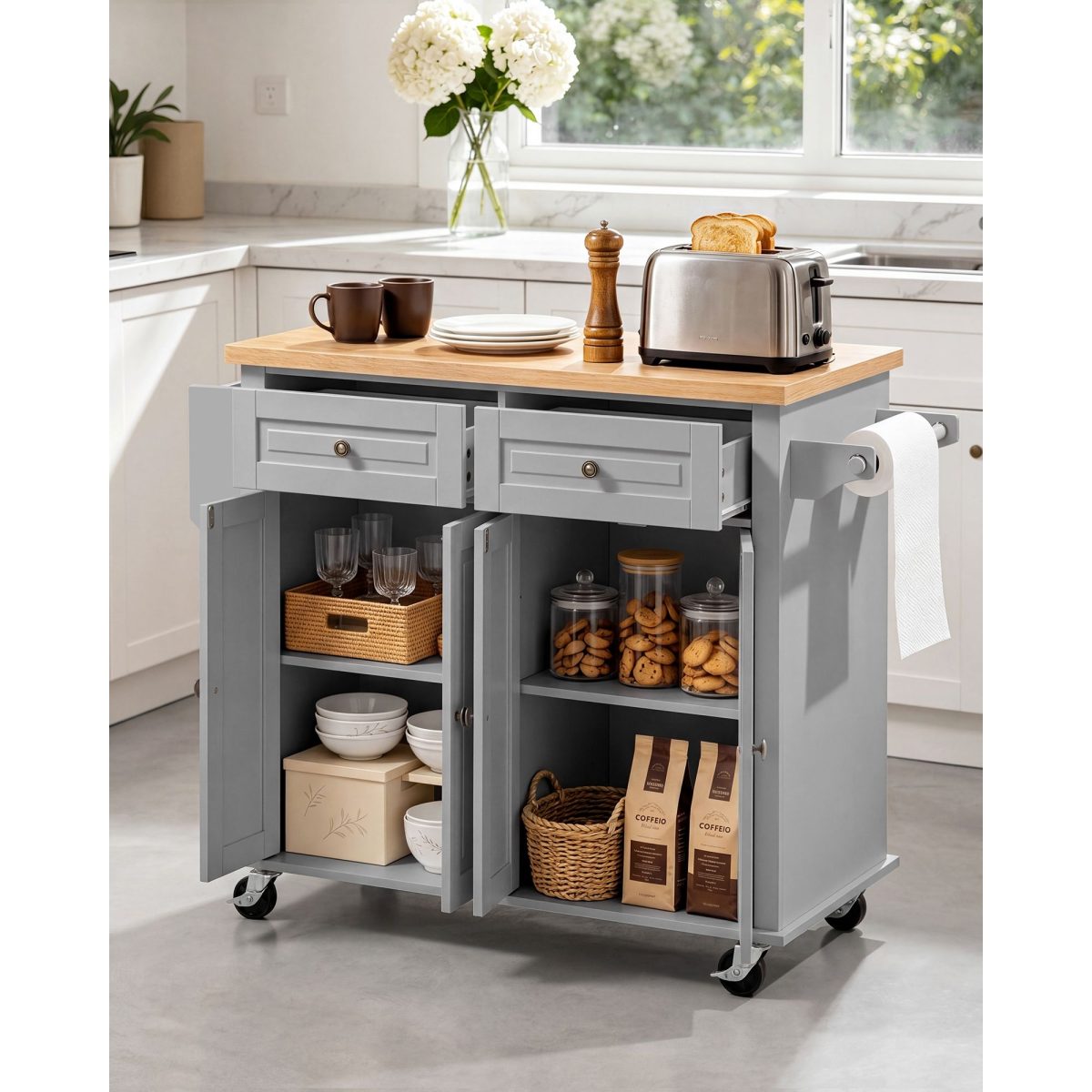 Kitchen Island Cart with Storage, 43.7 in Wide Mobile Rolling Storage Island on Swivel Wheels, with 2 Drawers, Storage Cabinet, Spice/Towel Rack, Hooks, Table for Home Dining Room, Gray - Image 2
