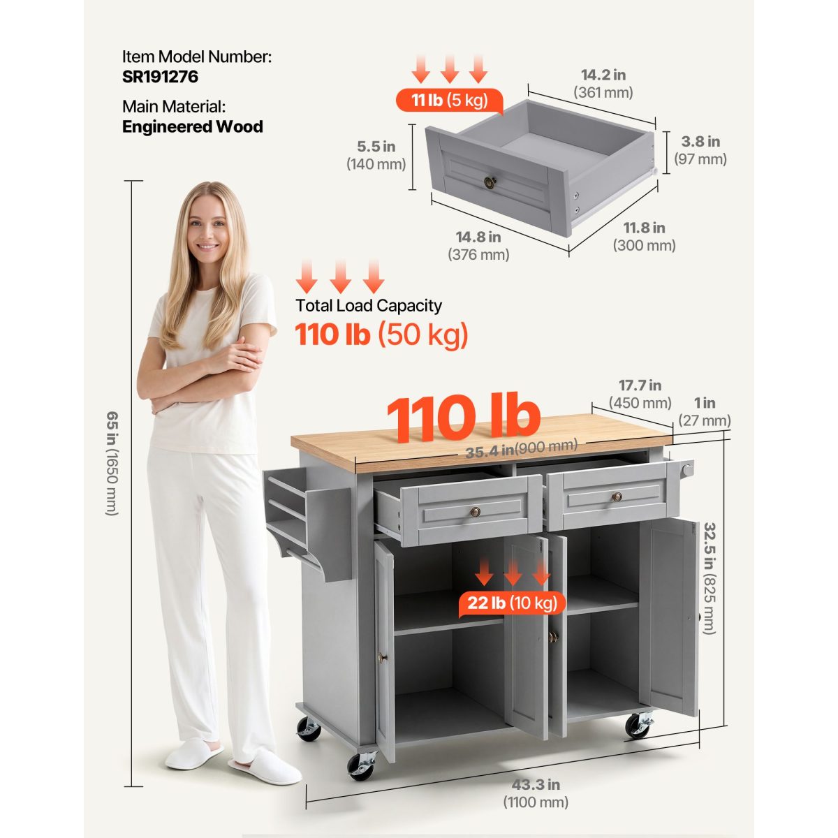 Kitchen Island Cart with Storage, 43.7 in Wide Mobile Rolling Storage Island on Swivel Wheels, with 2 Drawers, Storage Cabinet, Spice/Towel Rack, Hooks, Table for Home Dining Room, Gray - Image 3