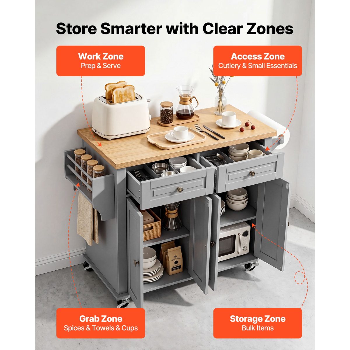 Kitchen Island Cart with Storage, 43.7 in Wide Mobile Rolling Storage Island on Swivel Wheels, with 2 Drawers, Storage Cabinet, Spice/Towel Rack, Hooks, Table for Home Dining Room, Gray - Image 4
