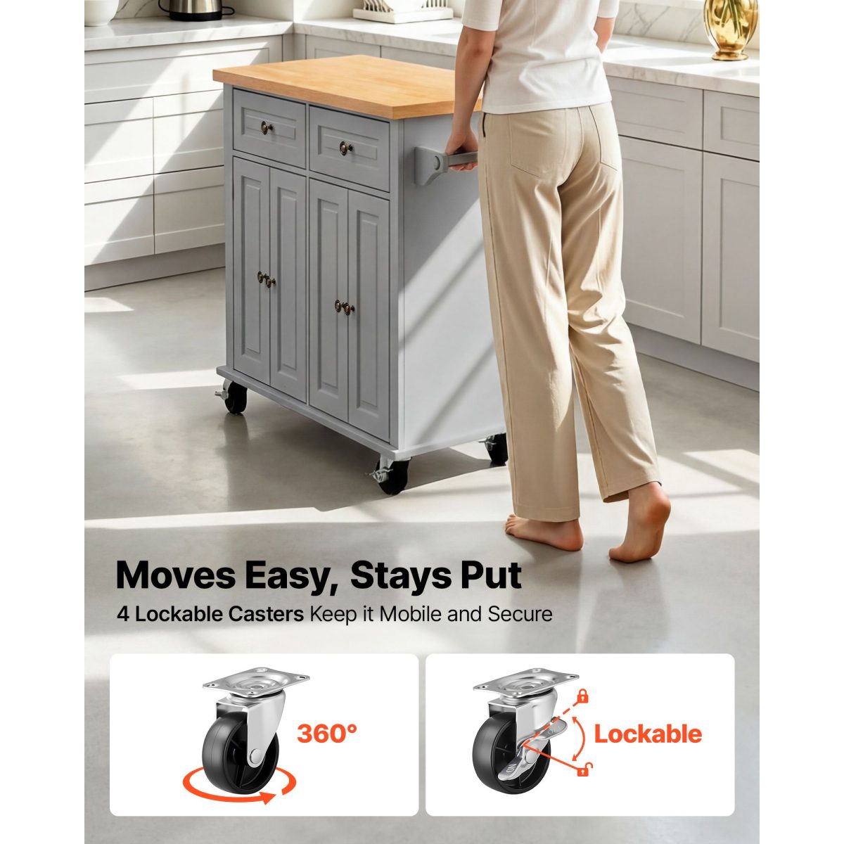Kitchen Island Cart with Storage, 43.7 in Wide Mobile Rolling Storage Island on Swivel Wheels, with 2 Drawers, Storage Cabinet, Spice/Towel Rack, Hooks, Table for Home Dining Room, Gray - Image 5