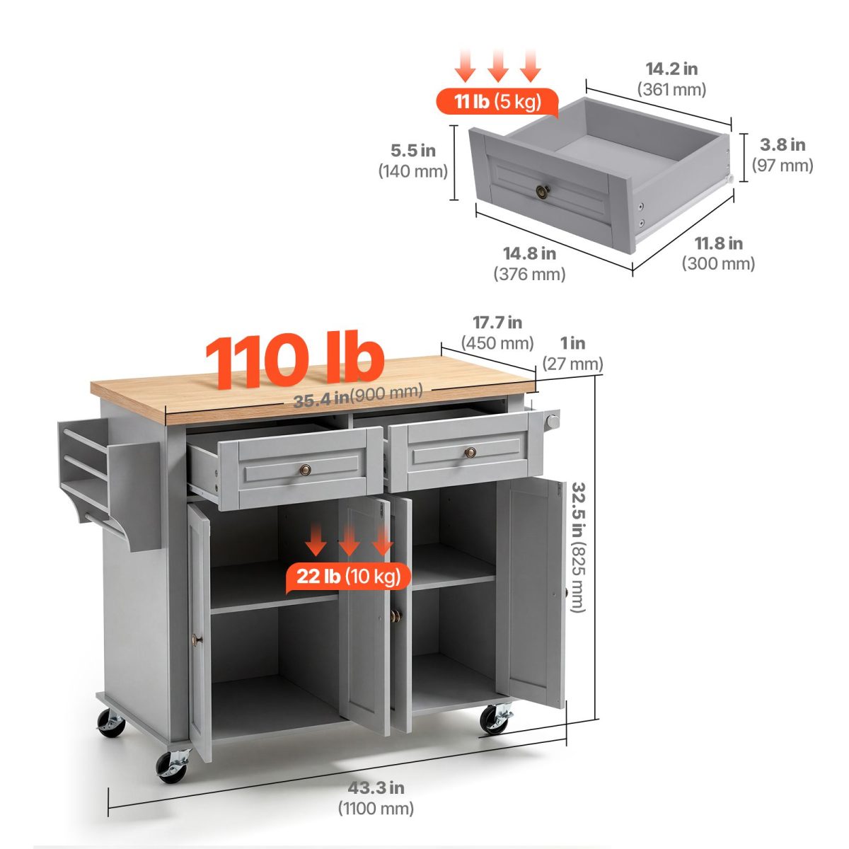 Kitchen Island Cart with Storage, 43.7 in Wide Mobile Rolling Storage Island on Swivel Wheels, with 2 Drawers, Storage Cabinet, Spice/Towel Rack, Hooks, Table for Home Dining Room, Gray - Image 7