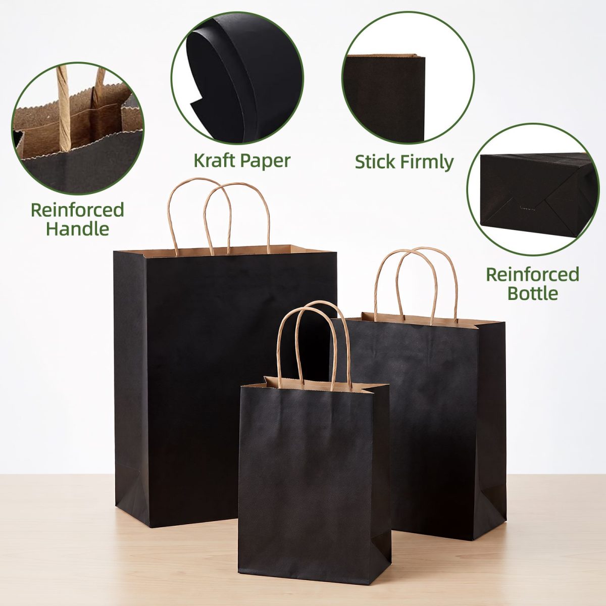120 Pack Black Kraft Paper Gift Bags, 3 Sizes (5.1x3.5x7.9in, 7.9x4x9.8in, 9.8x4.7x12.6in), Reinforced Handles & Bottom, Paper Shopping Bags for Retail, Boutique, Party Favors - Image 3