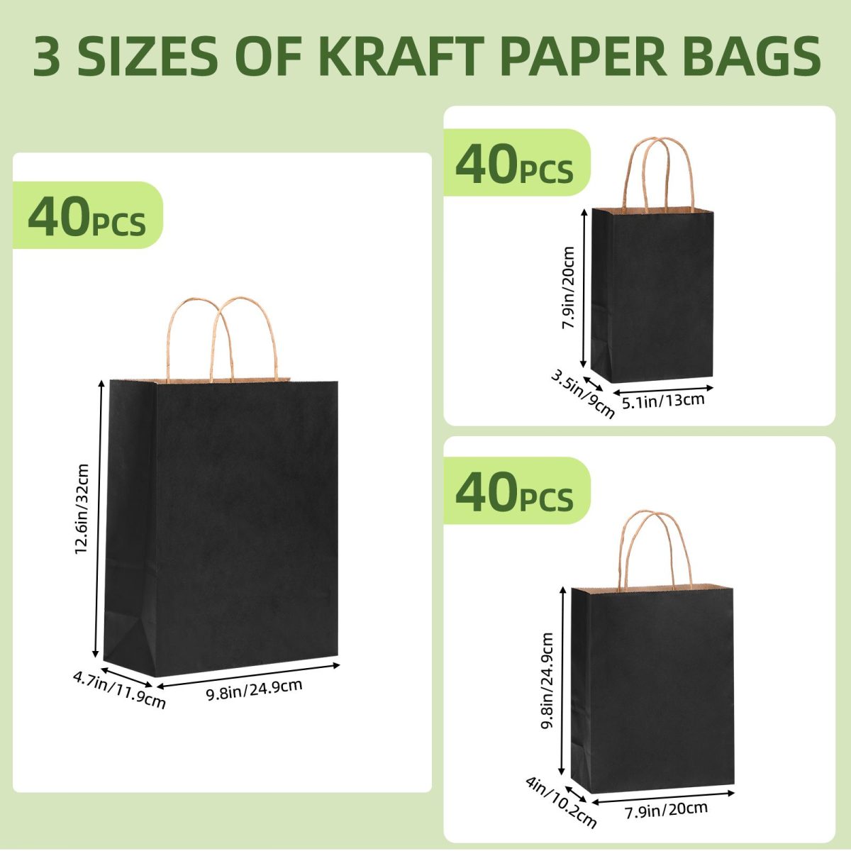 120 Pack Black Kraft Paper Gift Bags, 3 Sizes (5.1x3.5x7.9in, 7.9x4x9.8in, 9.8x4.7x12.6in), Reinforced Handles & Bottom, Paper Shopping Bags for Retail, Boutique, Party Favors - Image 2