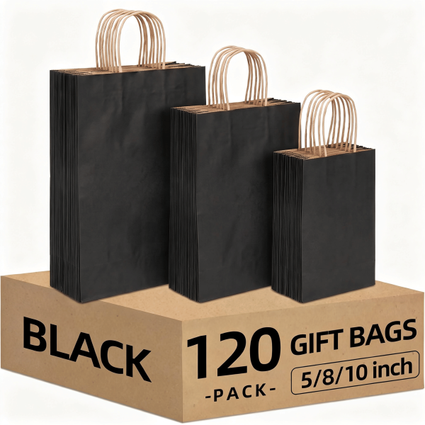120 Pack Black Kraft Paper Gift Bags, 3 Sizes (5.1x3.5x7.9in, 7.9x4x9.8in, 9.8x4.7x12.6in), Reinforced Handles & Bottom, Paper Shopping Bags for Retail, Boutique, Party Favors