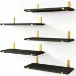 5 Pack Black Floating Shelves with Gold Brackets, Paulownia Wood Wall Mounted Shelves, 15.85" Rustic Wall Storage Shelf Set for Bedroom Living Room Bathroom Kitchen Office, 43 lbs Capacity